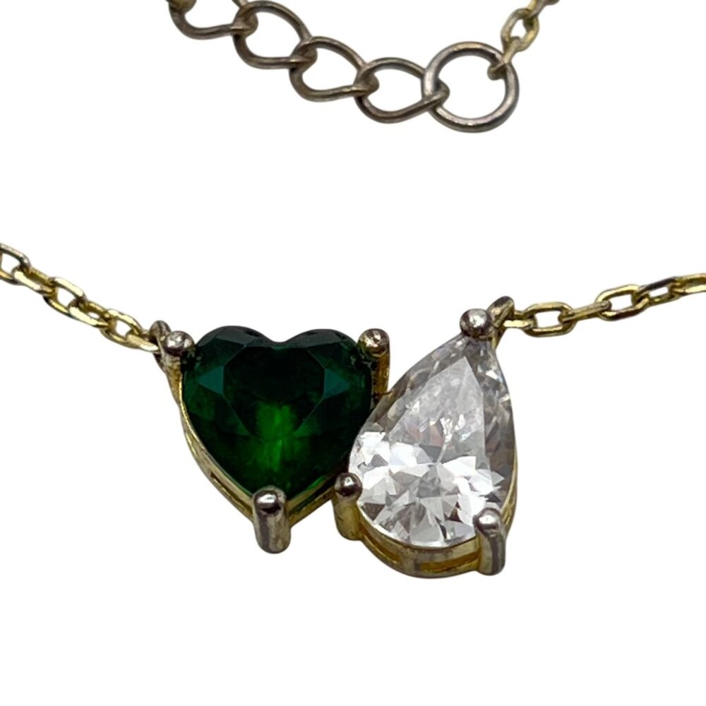 Adinas Jewels Sterling Silver Vermeil Necklace Green Toi et Moi Pendant 16-18" - Picture 2 of 14